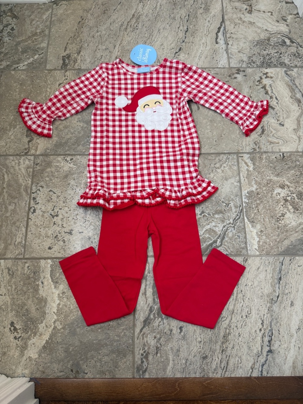 NWT Size 7 Classic Whimsy Red Gingham Santa Top & Red Leggings Set